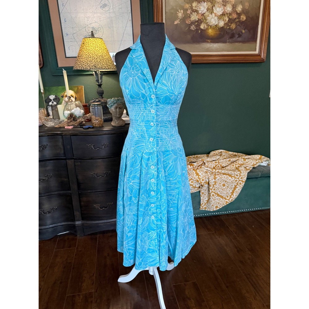 Liz Claiborne Blue Floral Halter Midi Dress Rockabilly Retro Cotton Size 4